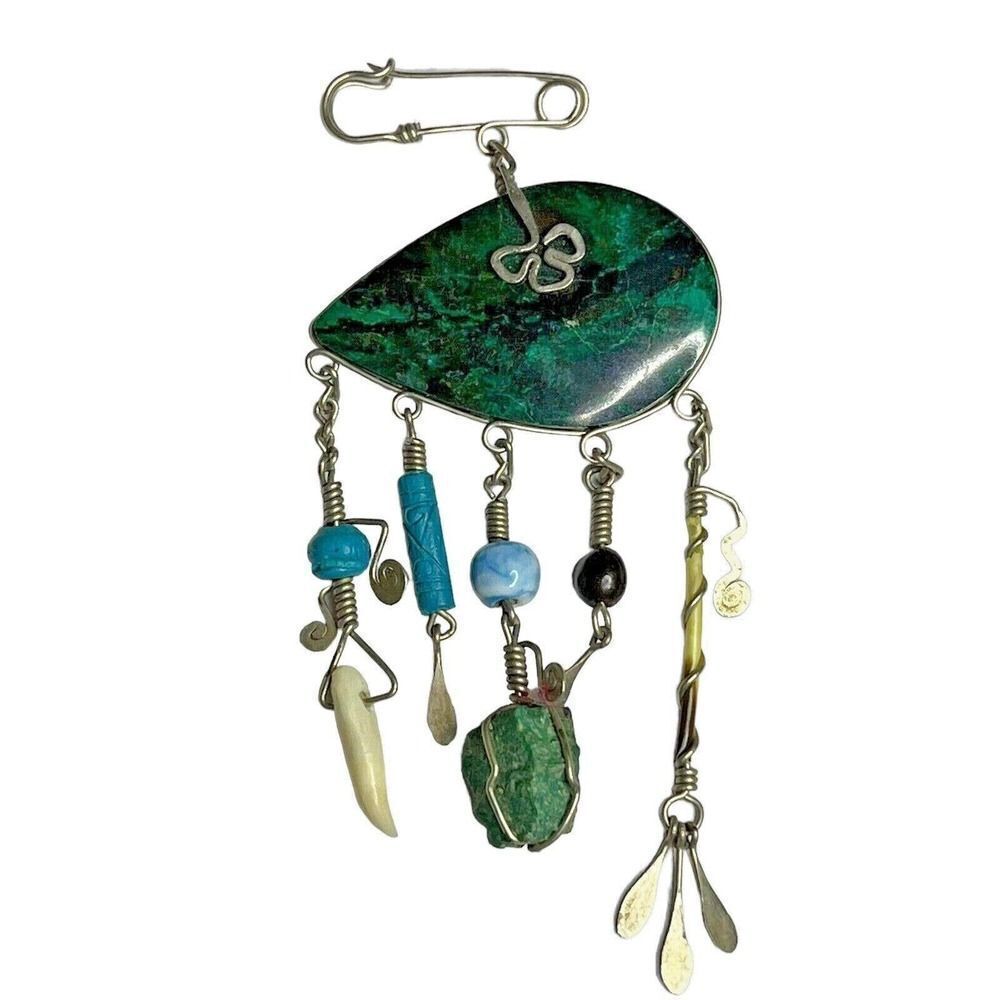 Vintage Green Gemstone Brooch Pin Dangling Accents Silver Tone Safety Pin